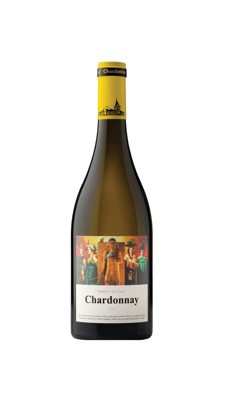 Zvonko Bogdan Chardonnay 2024, Flaschenfoto mit gelber Kapsel und Jahrgang 2024 auf dem Etikett