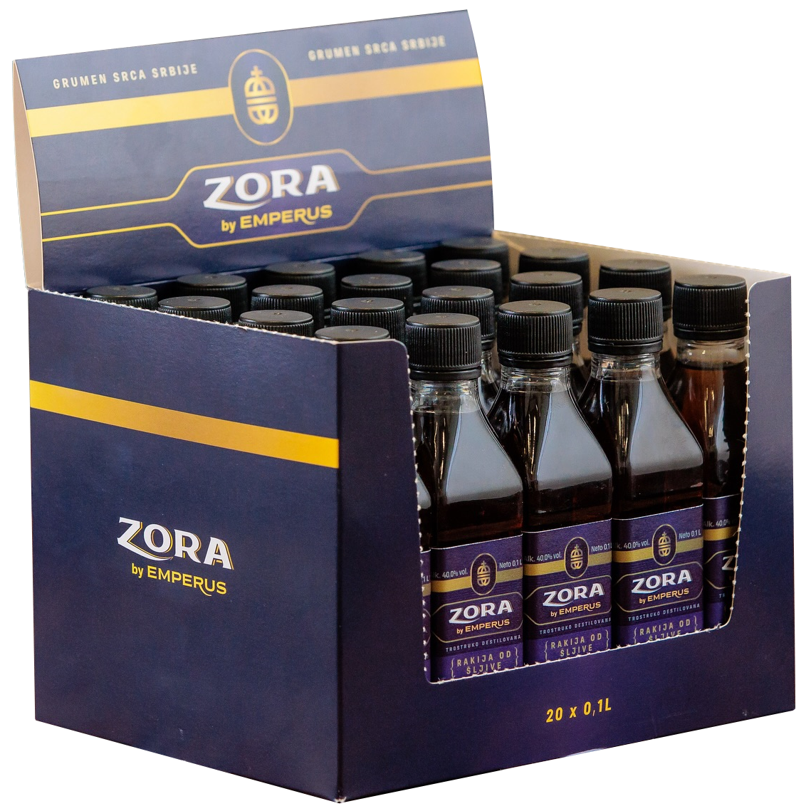 Zora 7 Plum Brandy by Emperus 20 Stk. à 0.1L – Etikettendetail, Emperus