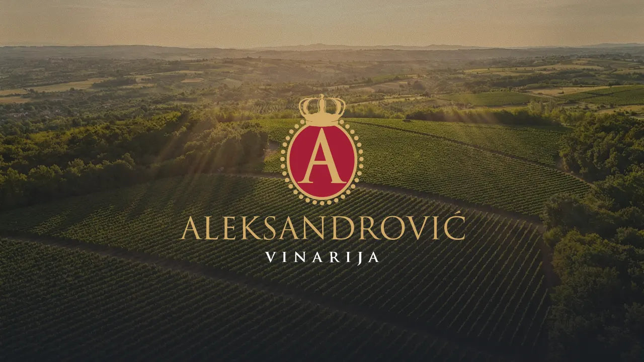 Aerial view of vineyards with the Aleksandrović winery name