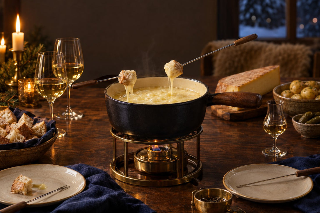 Käsefondue mit Weisswein und Raclette auf dem Tisch