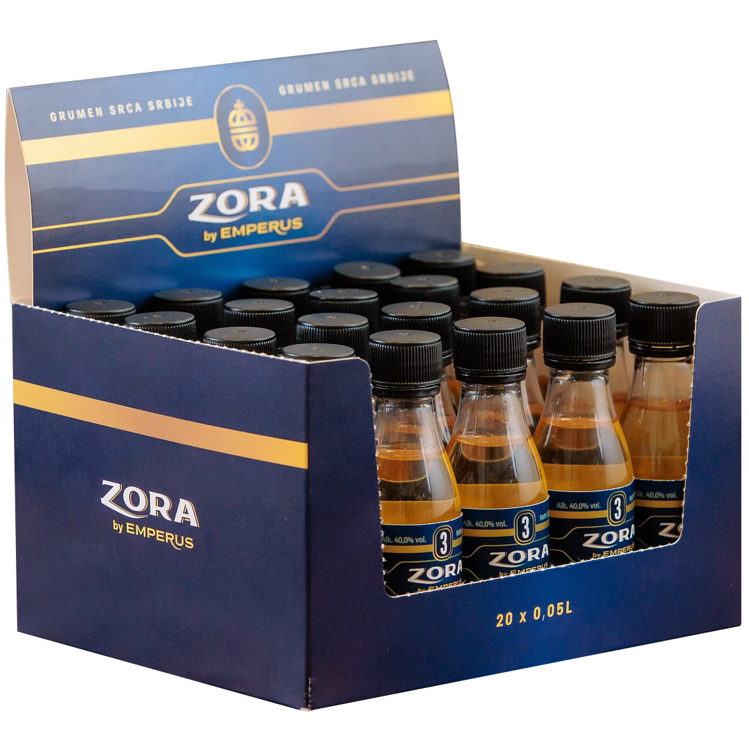 Zora 3 Quince Brandy by Emperus 20 Stk. à 0.05L – Etikettendetail, Emperus