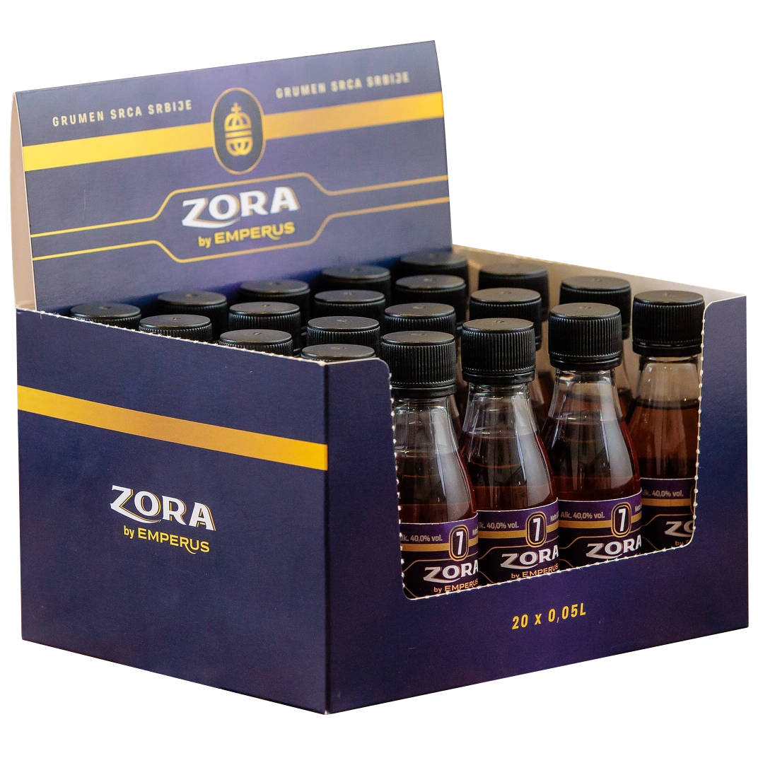 Zora 7 Plum Brandy by Emperus 20 Stk. à 0.05L – Etikettendetail, Emperus