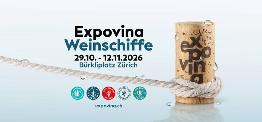 EXPOVINA Wine Ships: 29.10.–12.11.2026, Bürkliplatz Zürich. Official event artwork featuring a cork and rope.