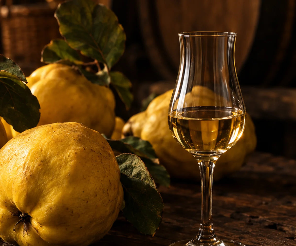 Ripe quinces and a glass of quince brandy in a cellar